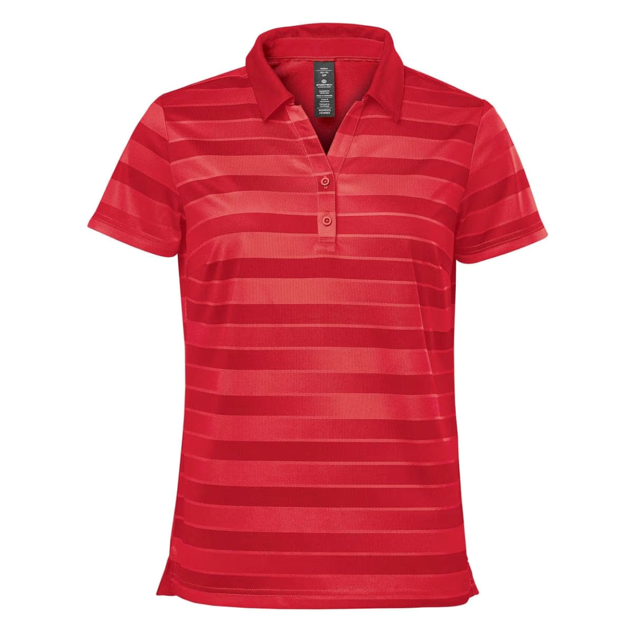 Bright red striped polo shirt on a white background