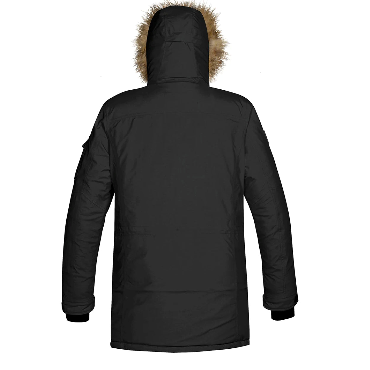 Black parka with hood on a white background