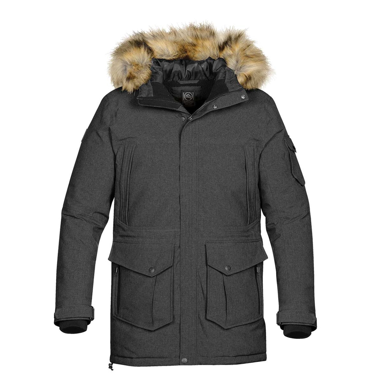 Carbon heather parka with hood on a white background