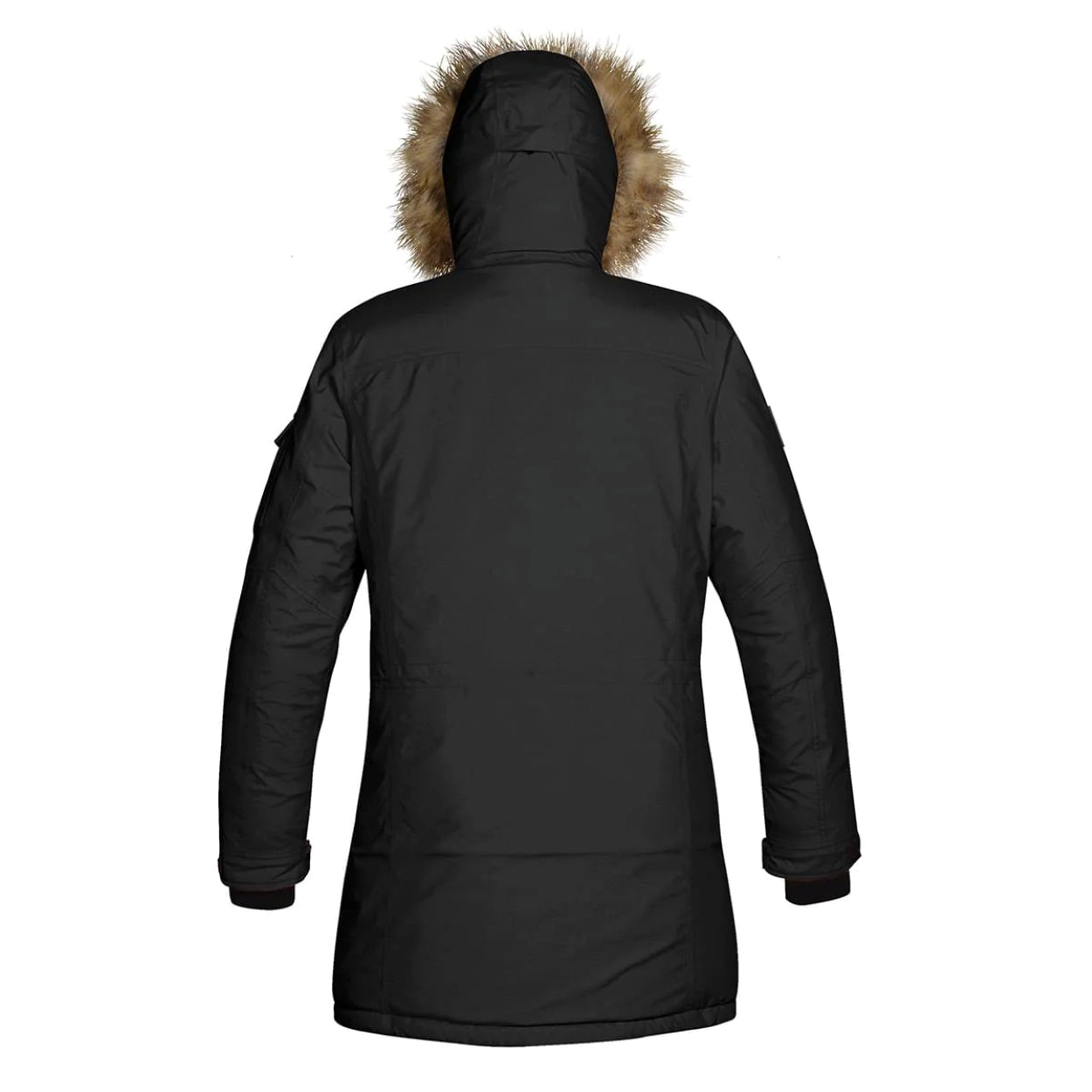 Black parka with hood on a white background
