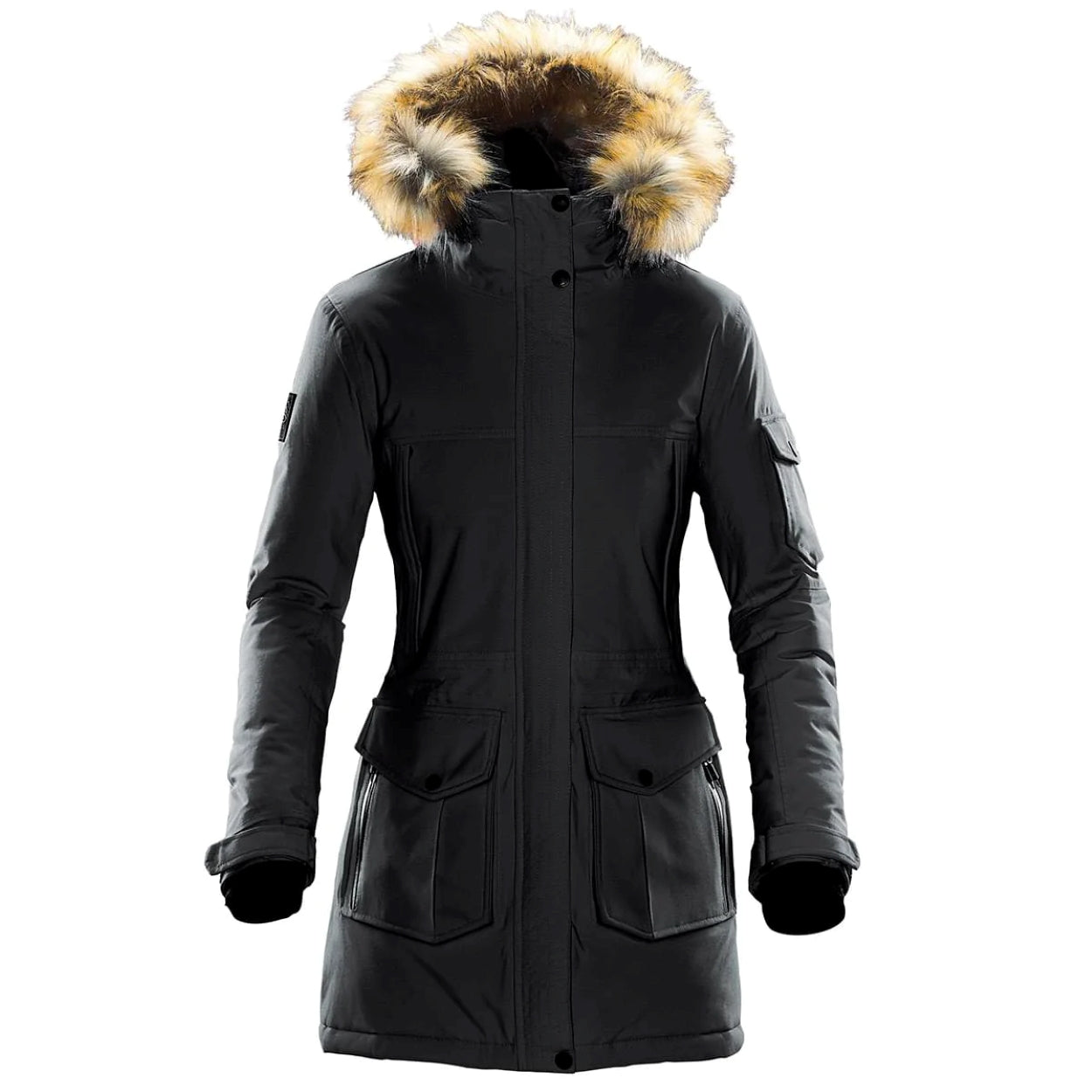 Black parka with hood on a white background