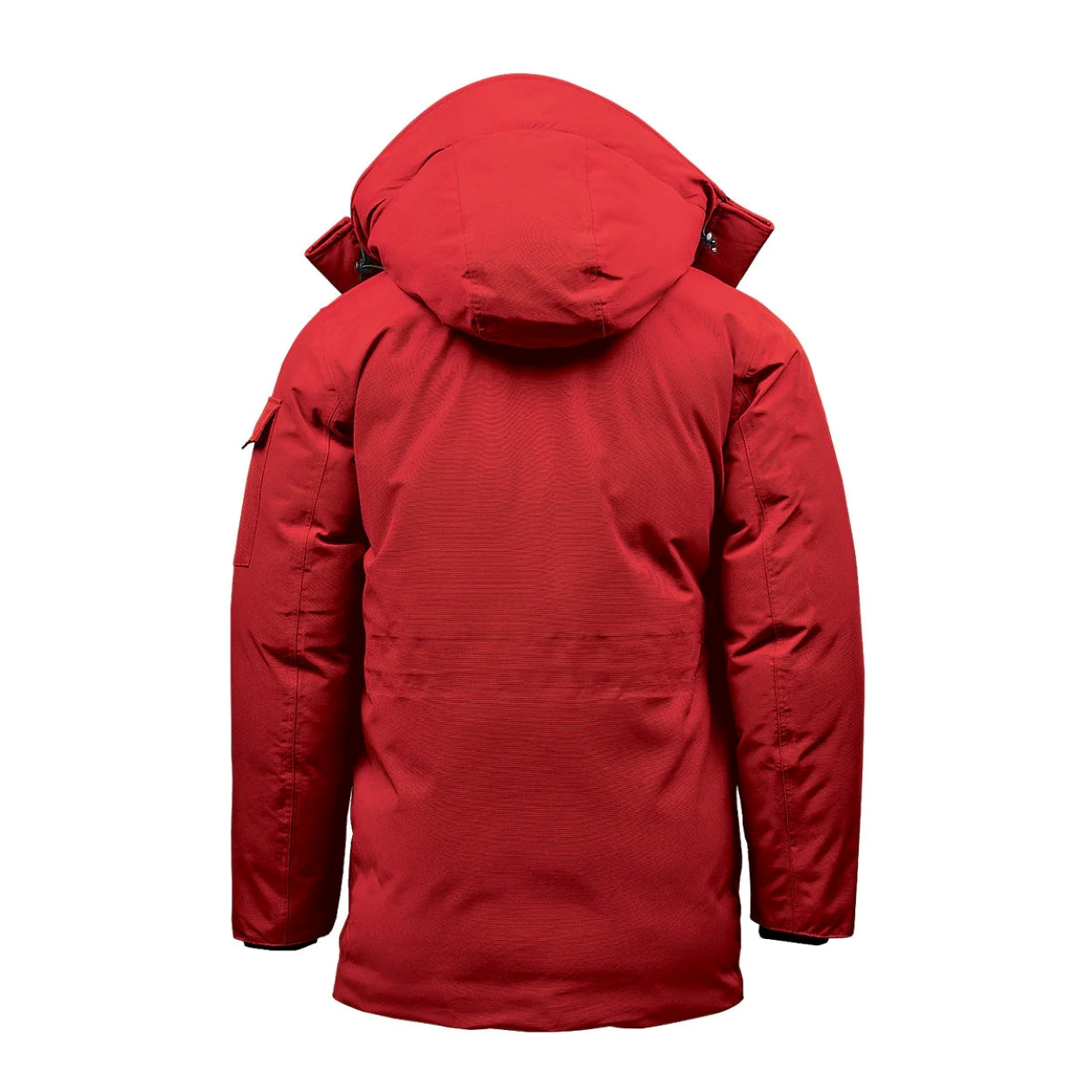 Red/black parka with hood on a white background