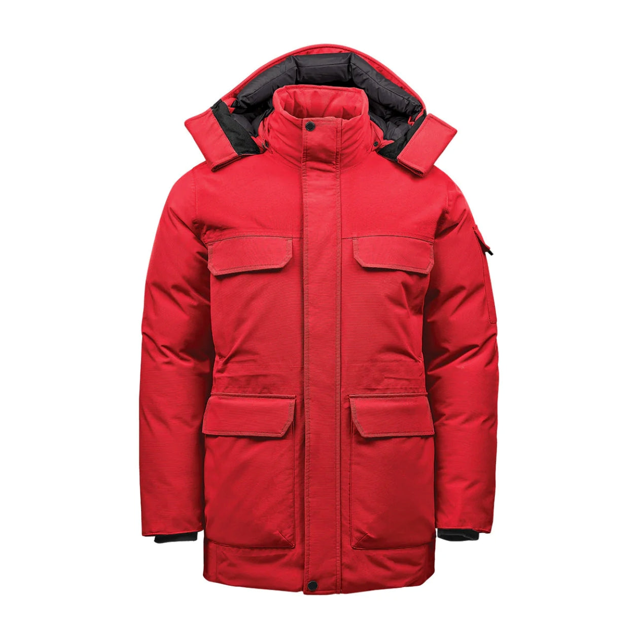 Red/black parka with hood on a white background