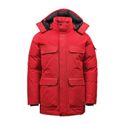 Red/black parka with hood on a white background