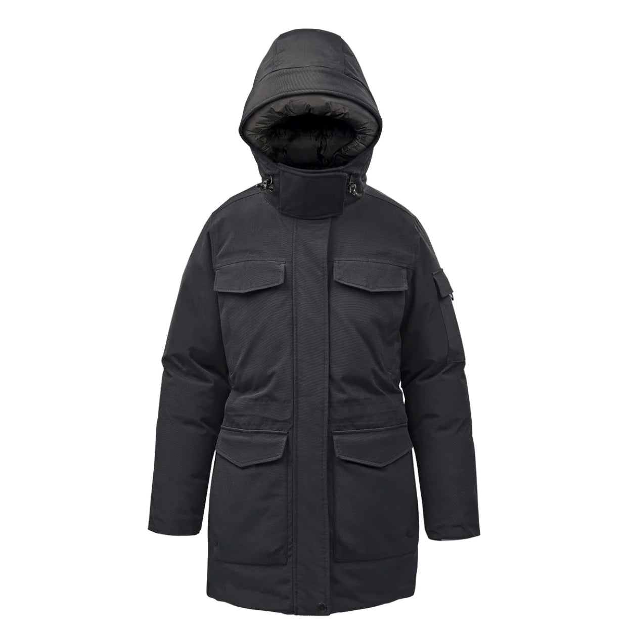 Black/granite parka with hood on a white background