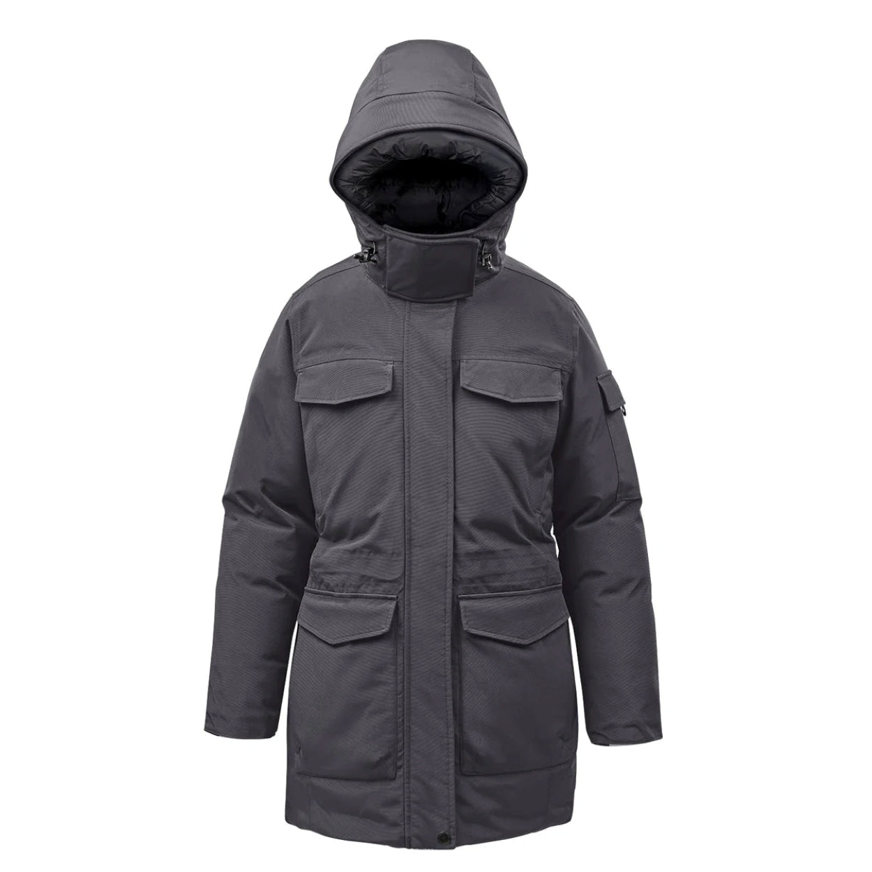Granite/black parka with hood on a white background