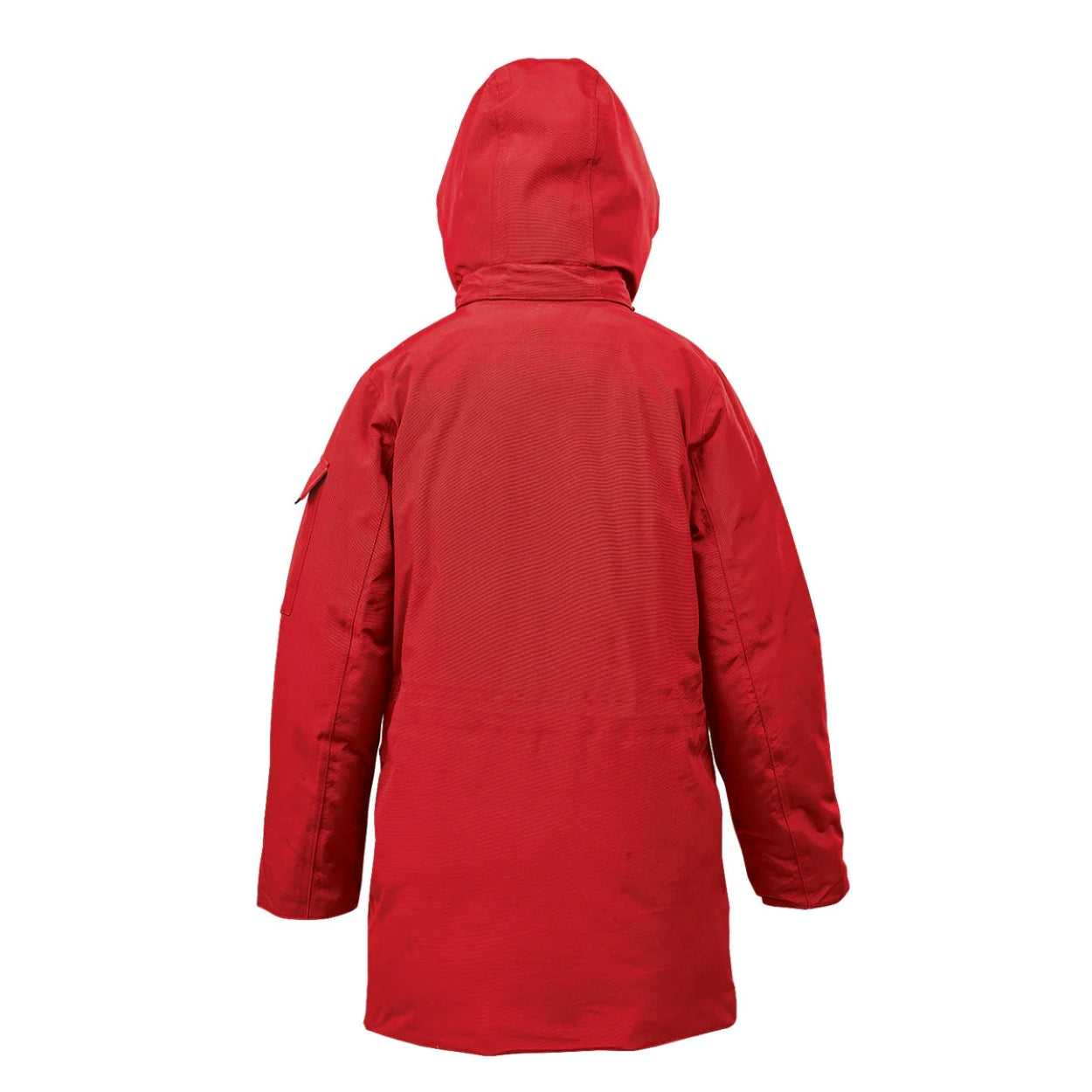 Red/black parka with hood on a white background