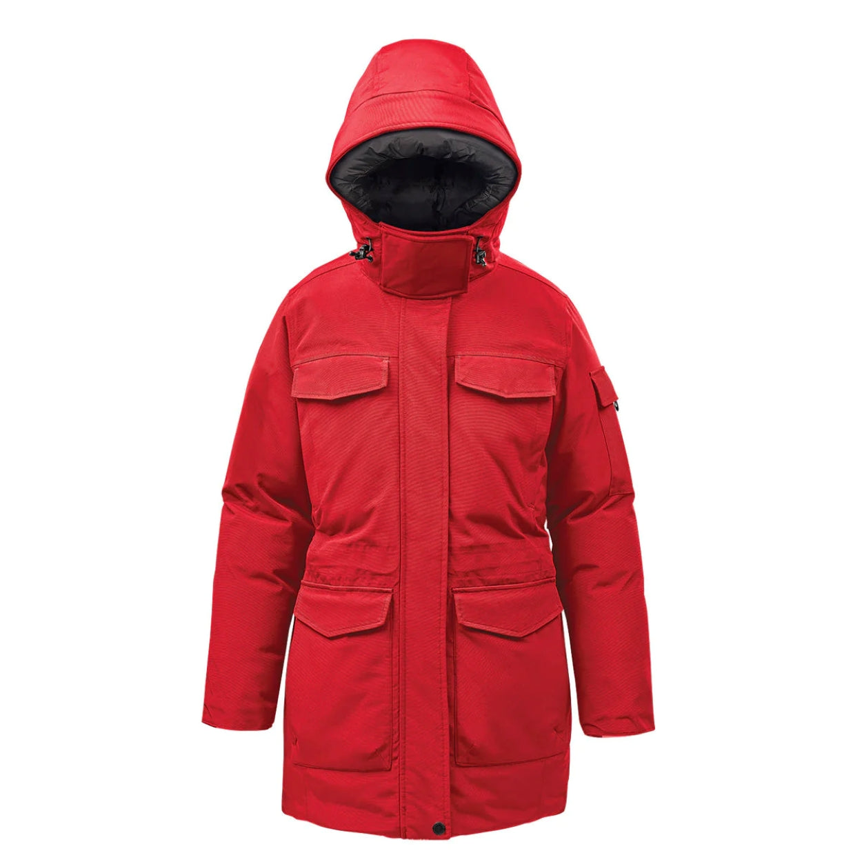 Red/black parka with hood on a white background