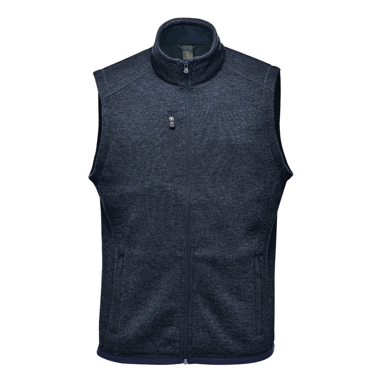 Navy heather sweater vest on a white background