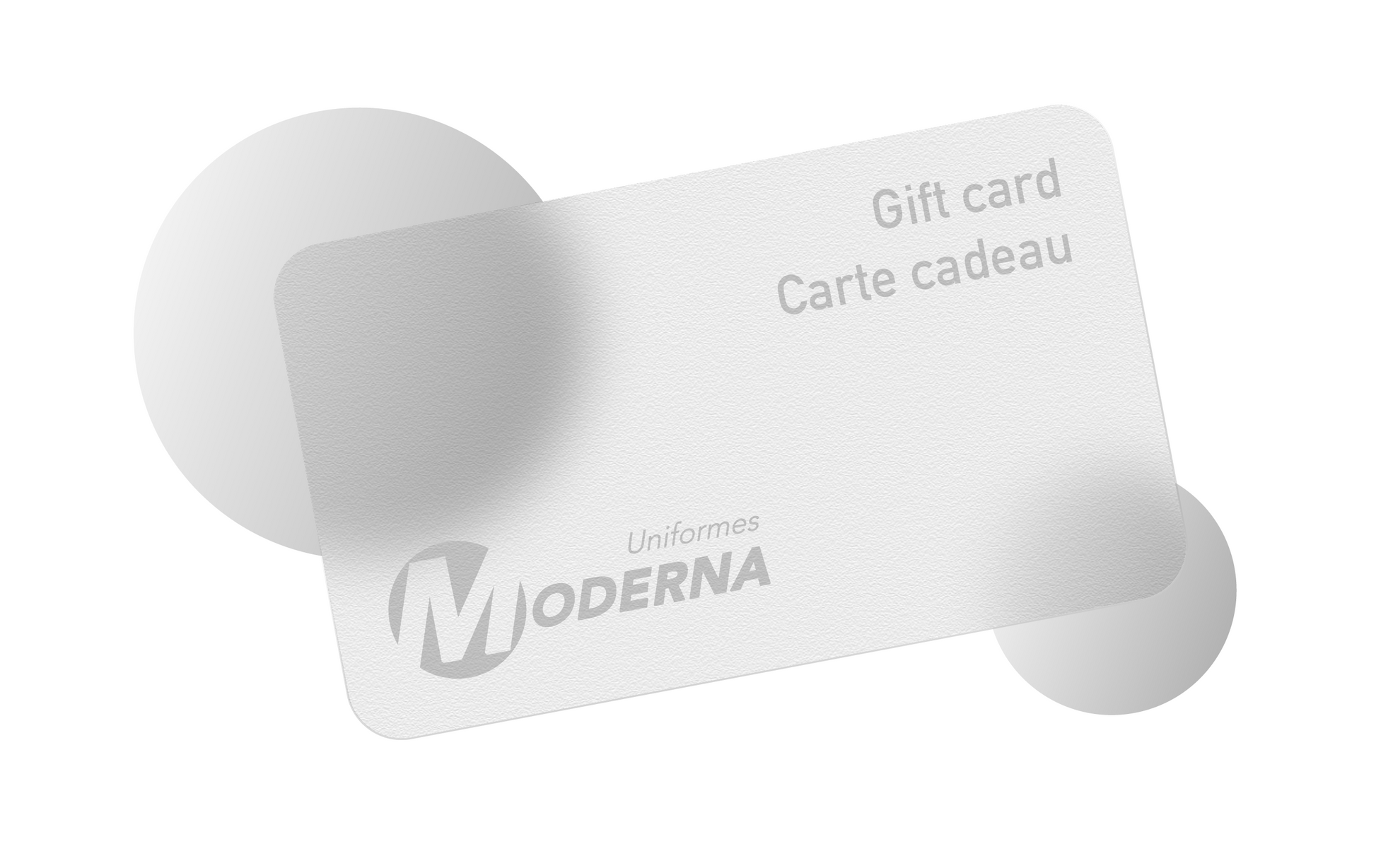 White gift card with 'Uniformes Moderna' branding on a white background