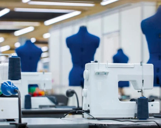 Sewing machine in a clothing factory with mannequins in the background