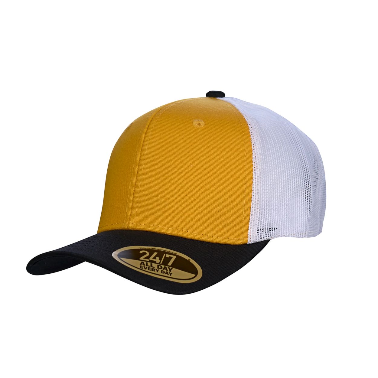 Gold/black/white cap on a white background