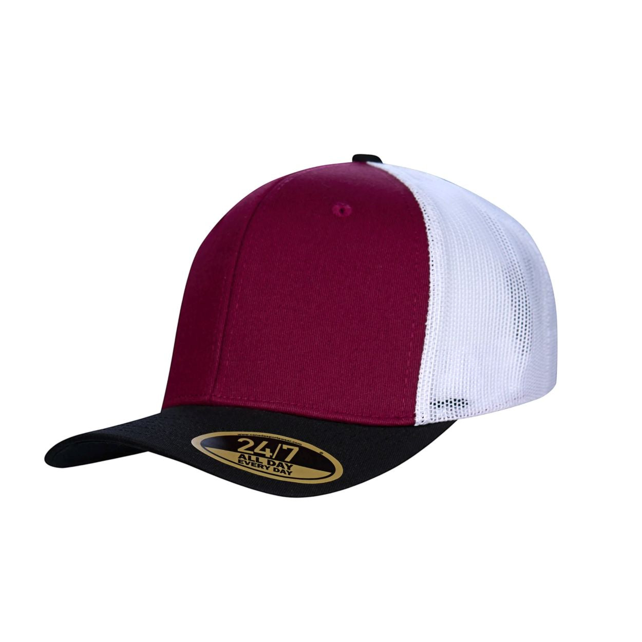 Maroon/black/white cap on a white background