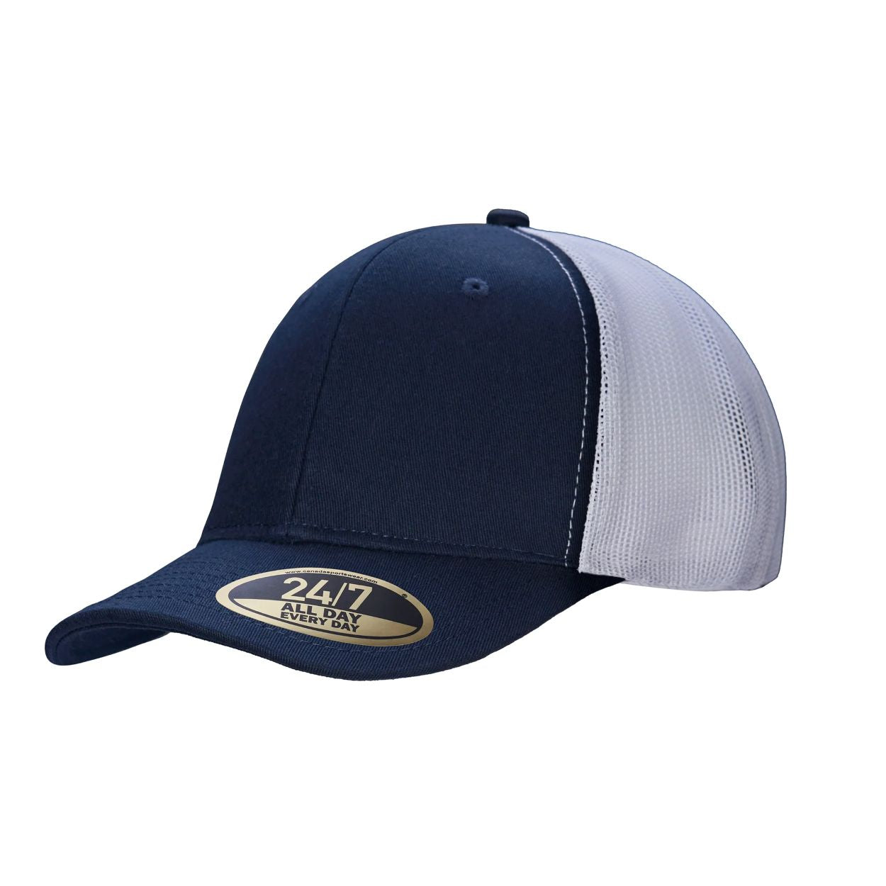 Navy/white cap on a white background