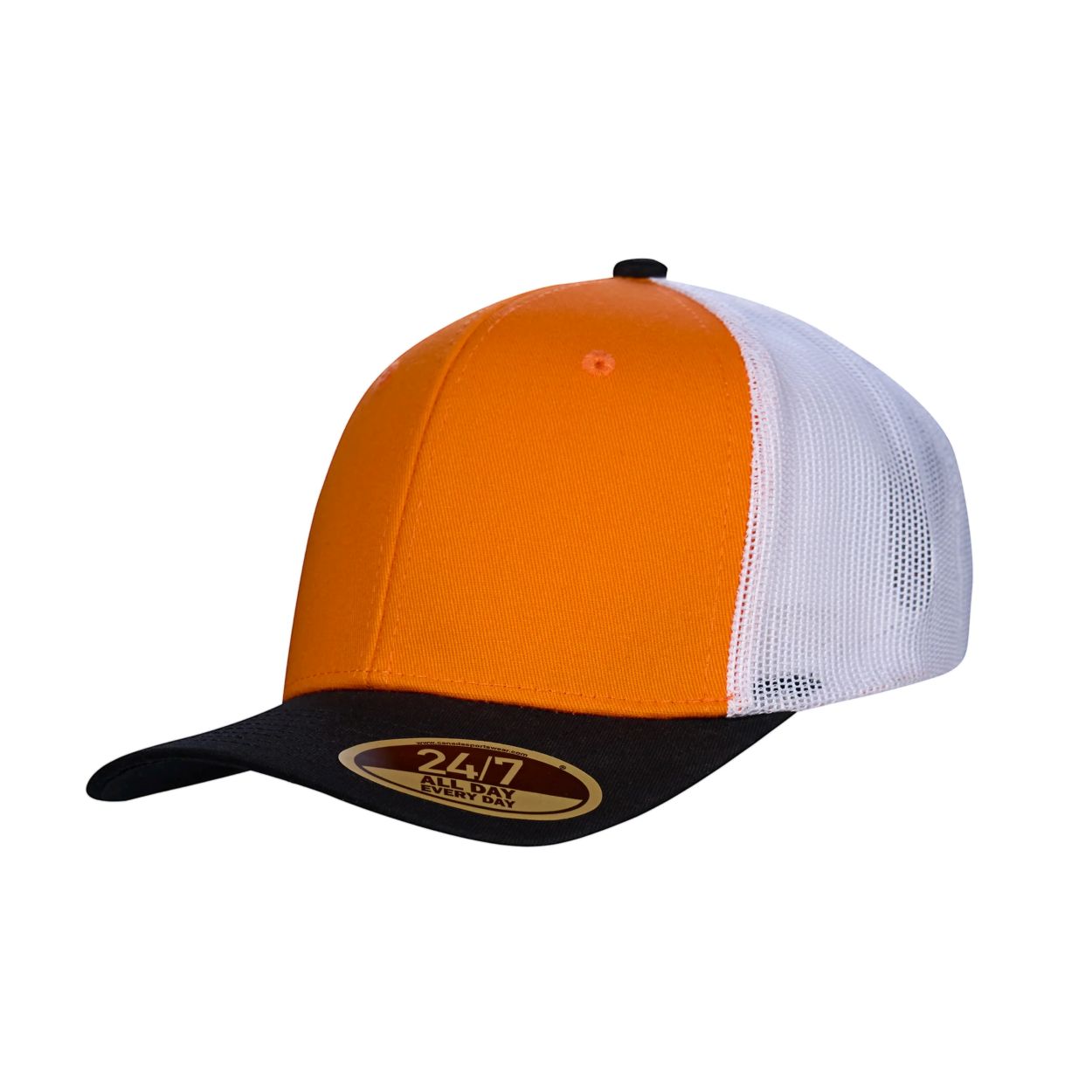 Orange/black/white cap on a white background