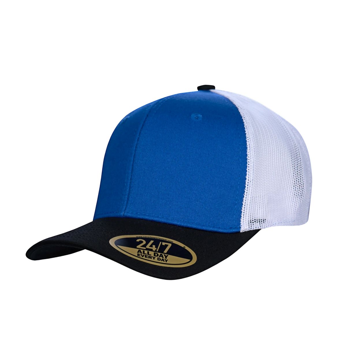 Royal/black/white cap on a white background