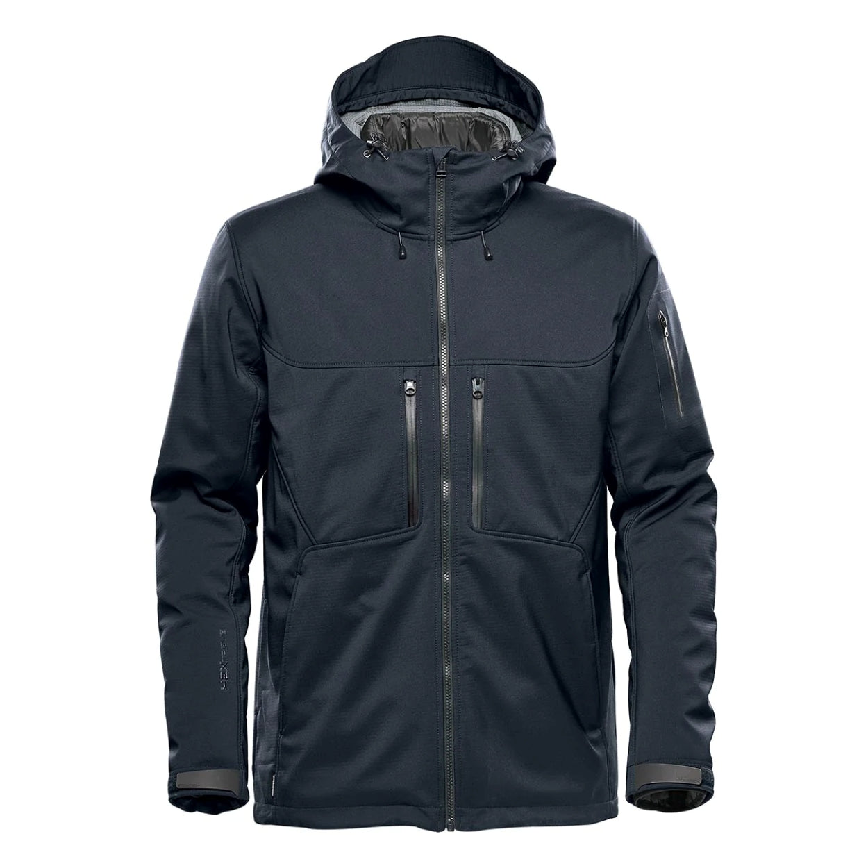 Navy hybrid coat on a white background