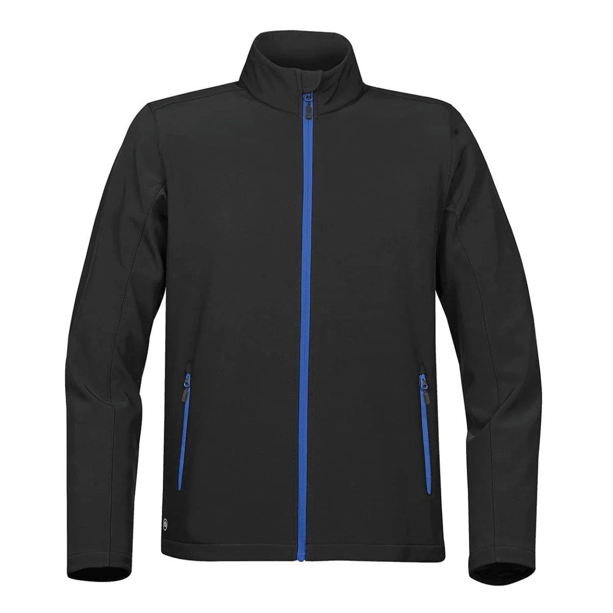 Black/azure blue softshell jacket on a white background