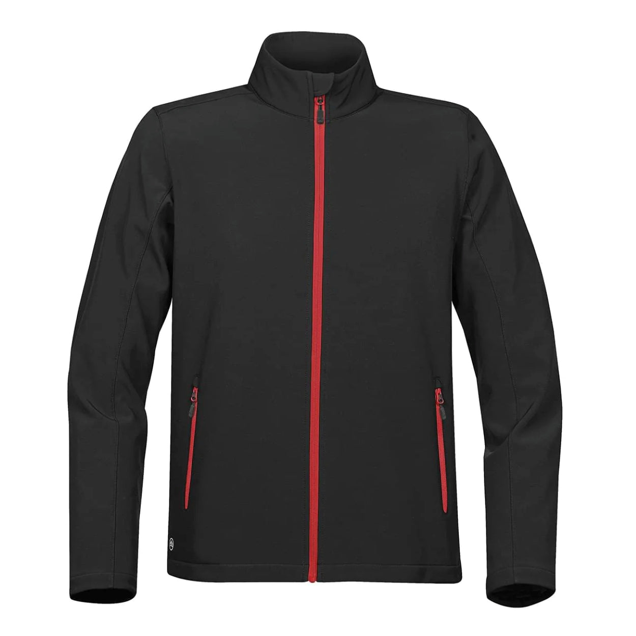 Black/bright red softshell jacket on a white background