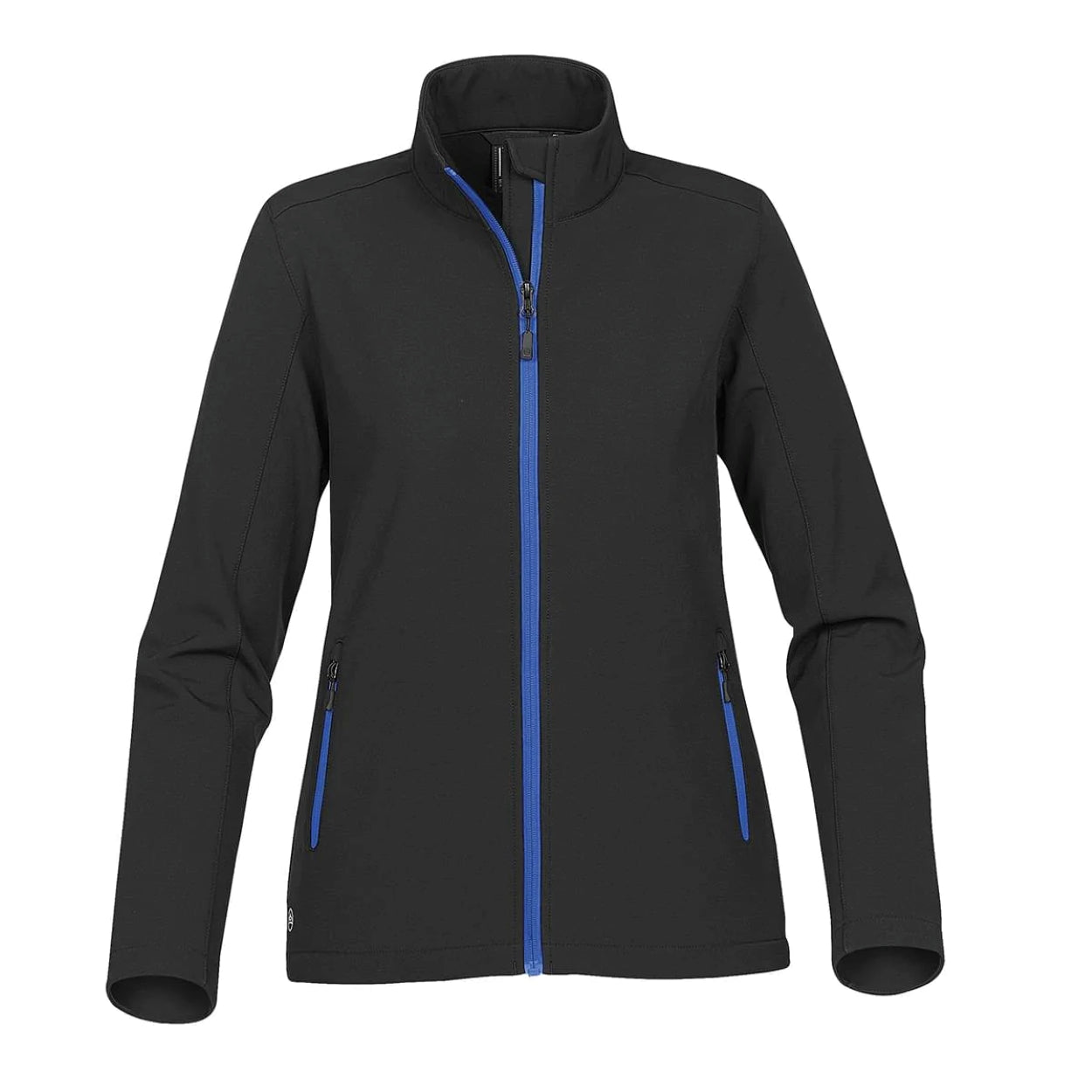 Black/azure blue softshell jacket on a white background