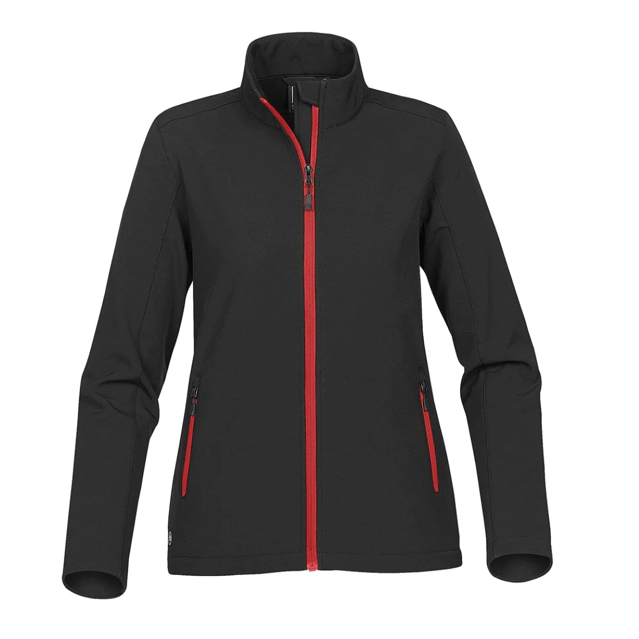 Black/bright red softshell jacket on a white background