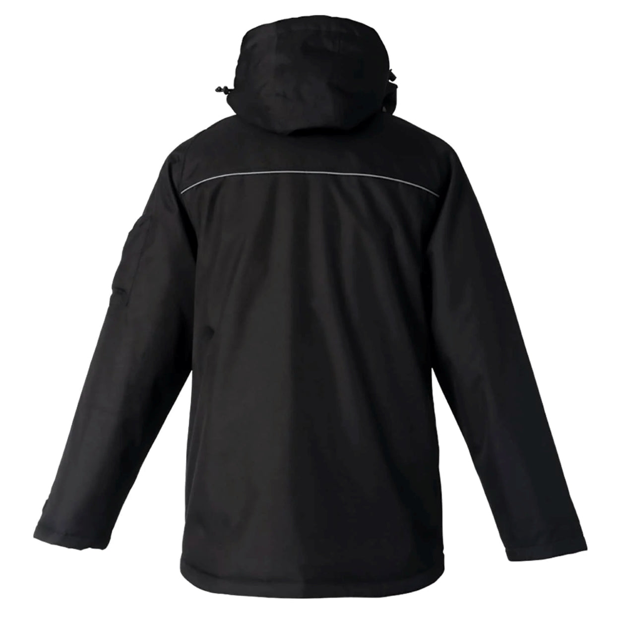 Black parka with hood on a white background