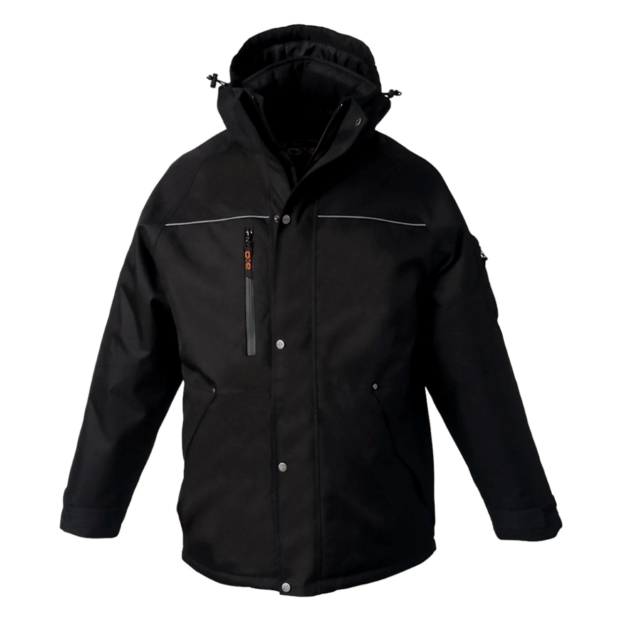 Black parka with hood on a white background