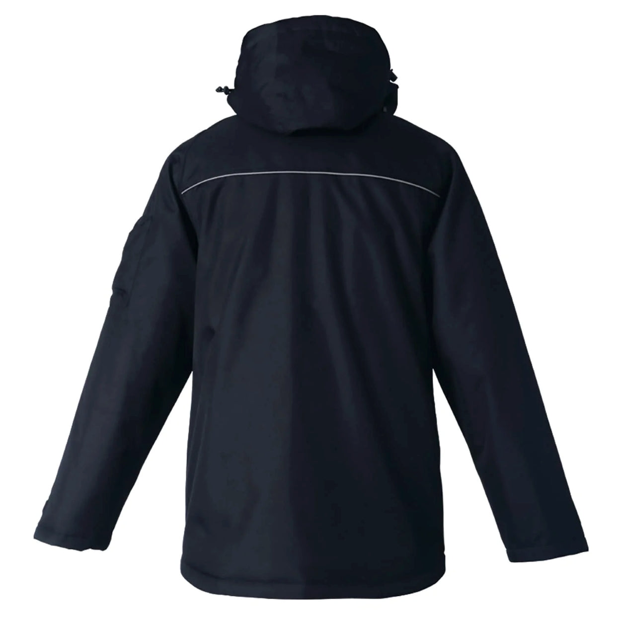 Navy parka with hood on a white background