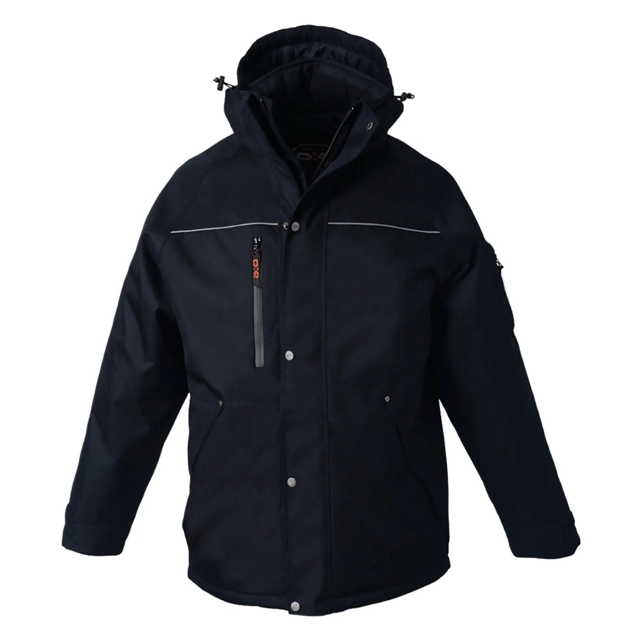 Navy parka with hood on a white background