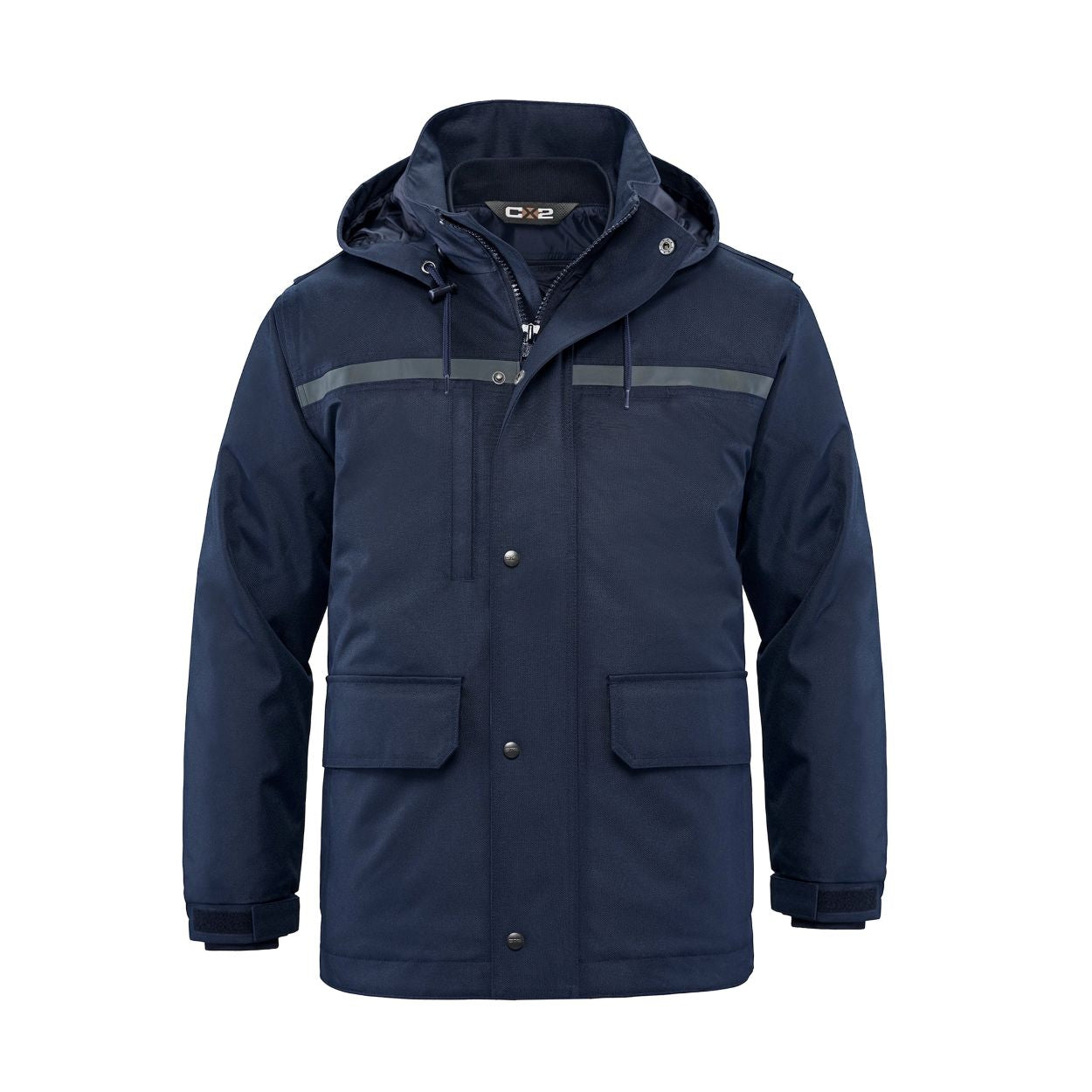 Navy hybrid coat on a white background