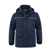 Navy hybrid coat on a white background