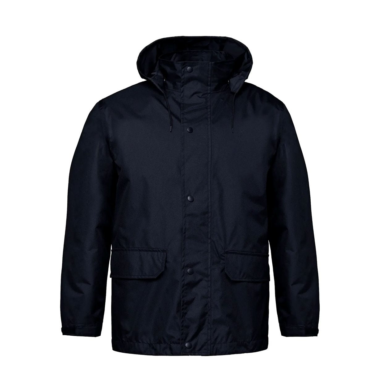 Navy rain jacket on a white background