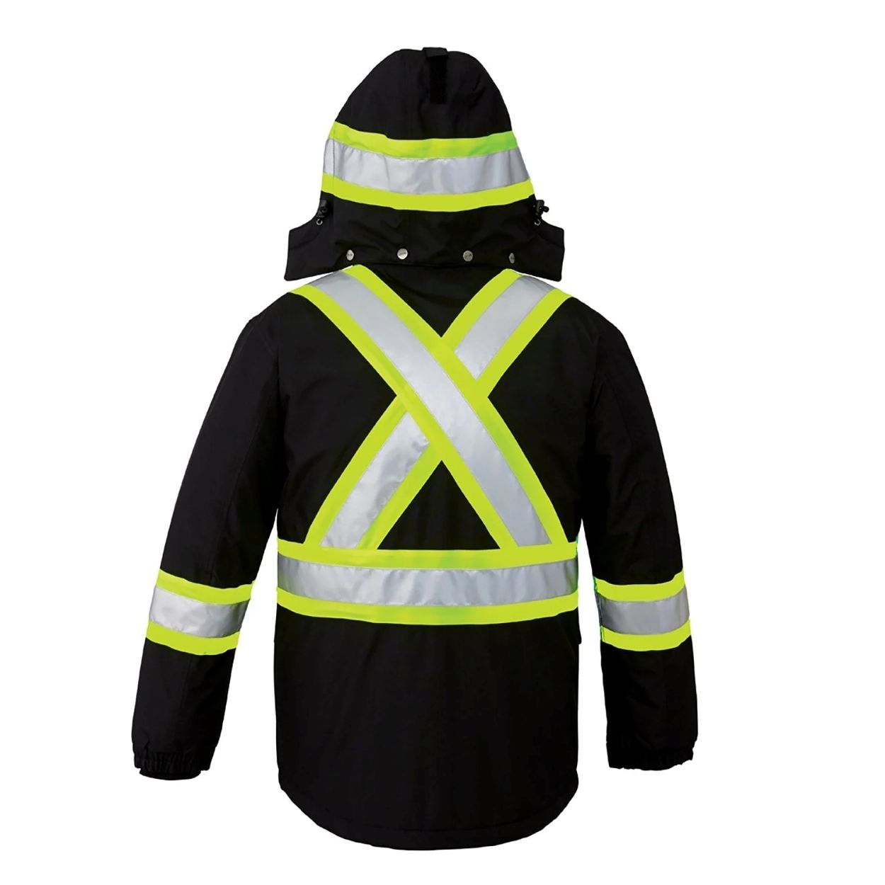 Hi-vis black winter coat on a white background