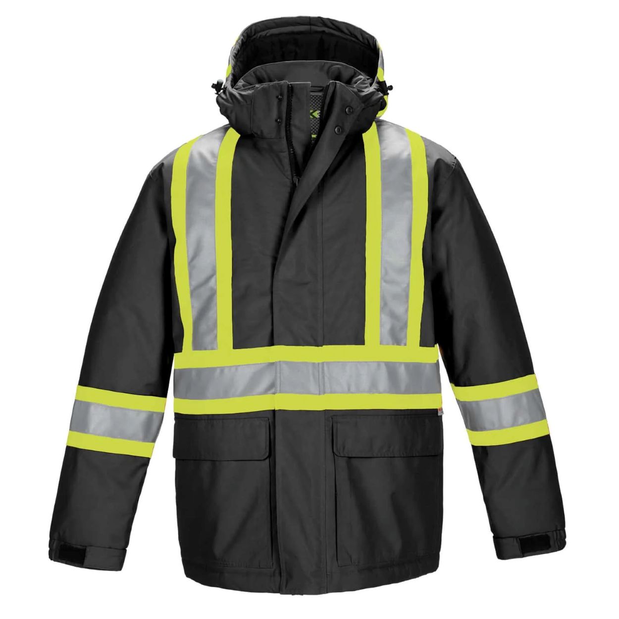 Hi-vis black winter coat on a white background