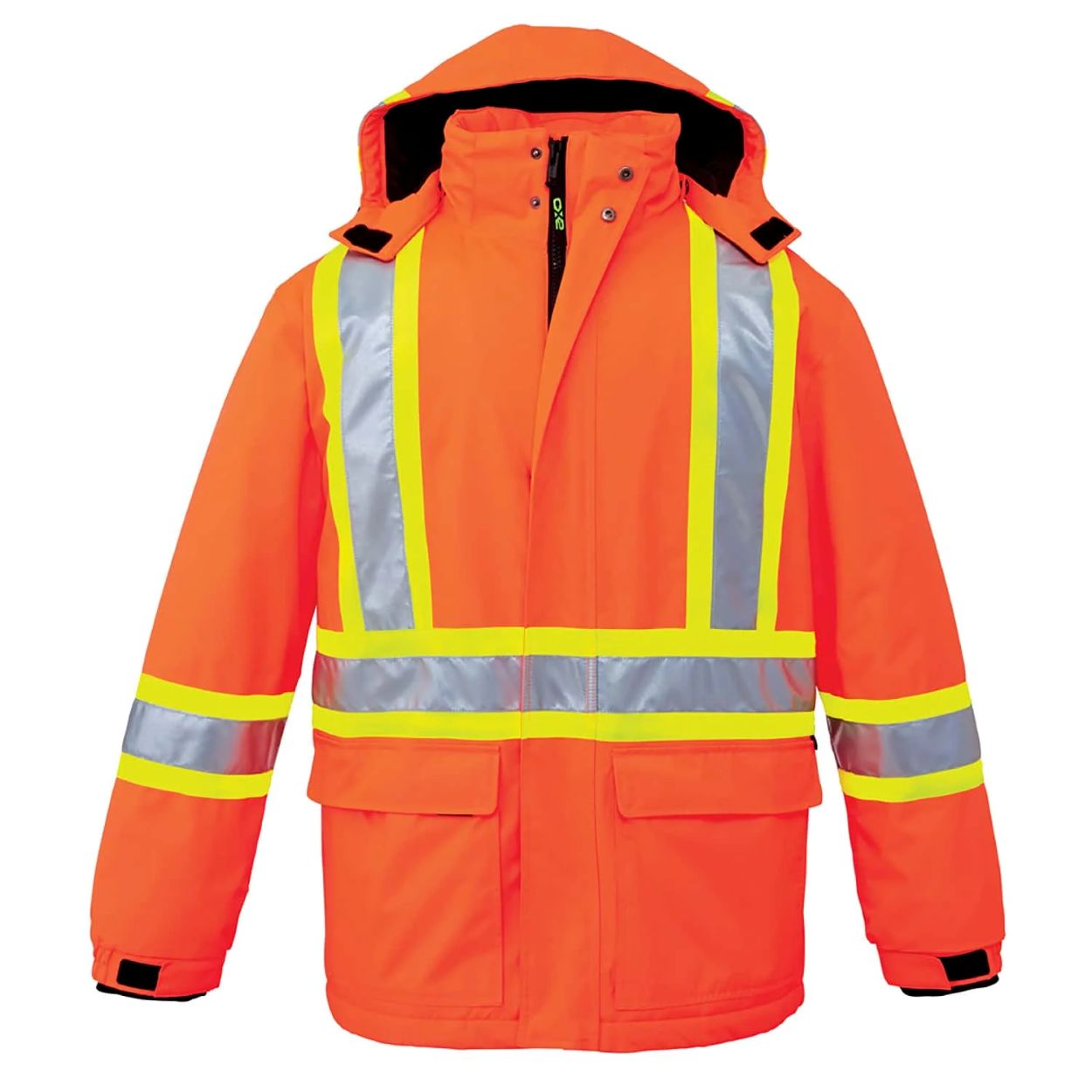 Hi-vis orange winter coat on a white background