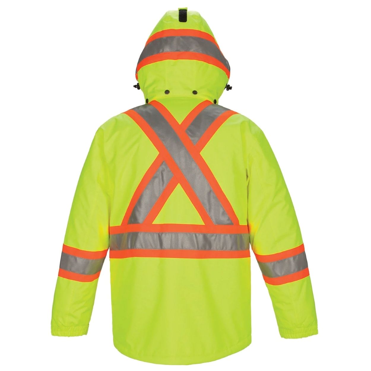 Hi-vis yellow winter coat on a white background