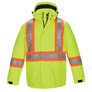 Hi-vis yellow winter coat on a white background