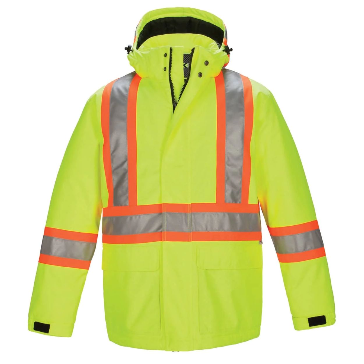 Hi-vis yellow winter coat on a white background
