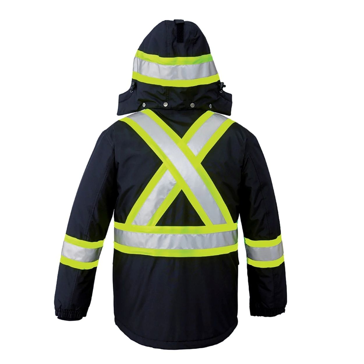Hi-vis navy winter coat on a white background