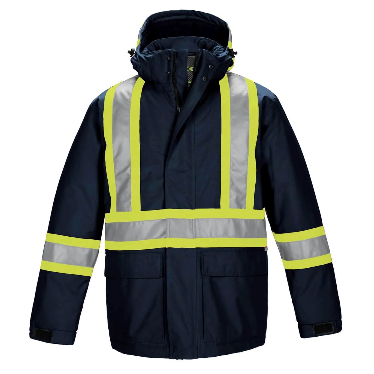 Hi-vis navy winter coat on a white background