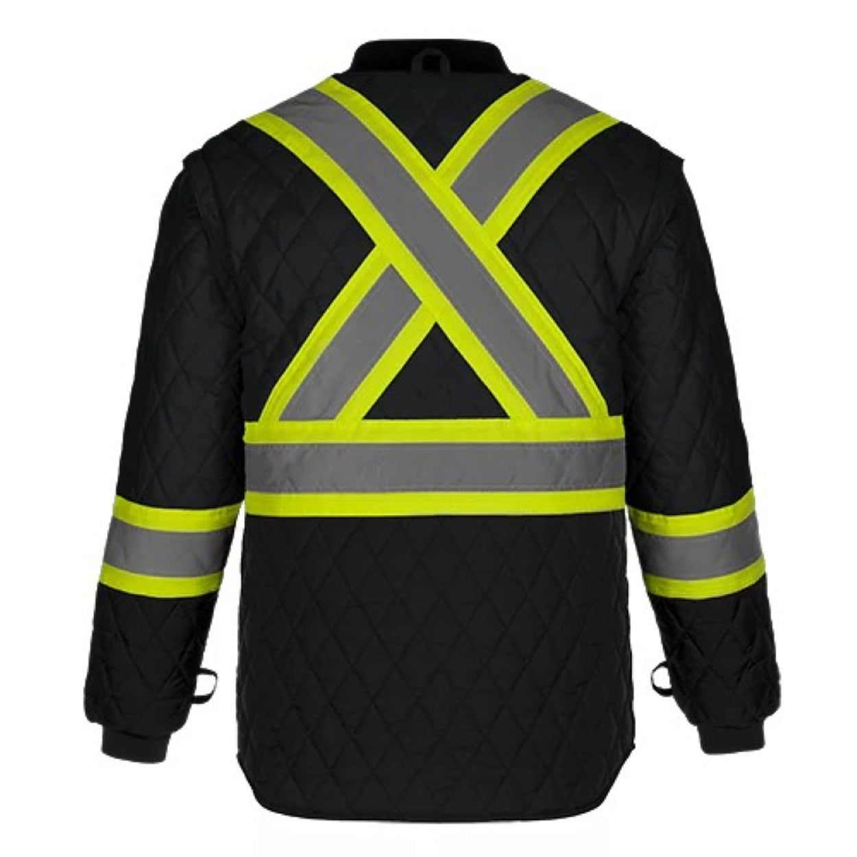 Hi-vis black hybrid coat on a white background