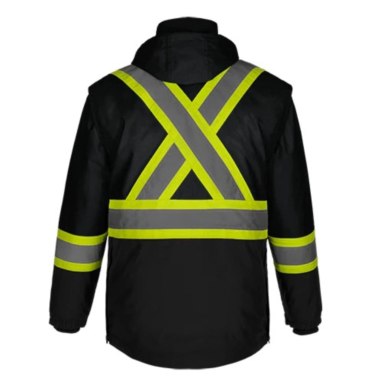 Hi-vis black hybrid coat on a white background
