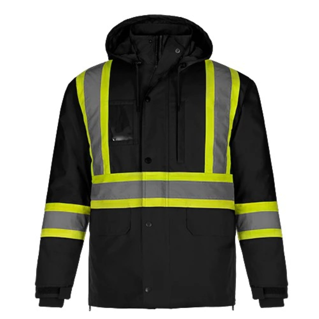 Hi-vis black hybrid coat on a white background