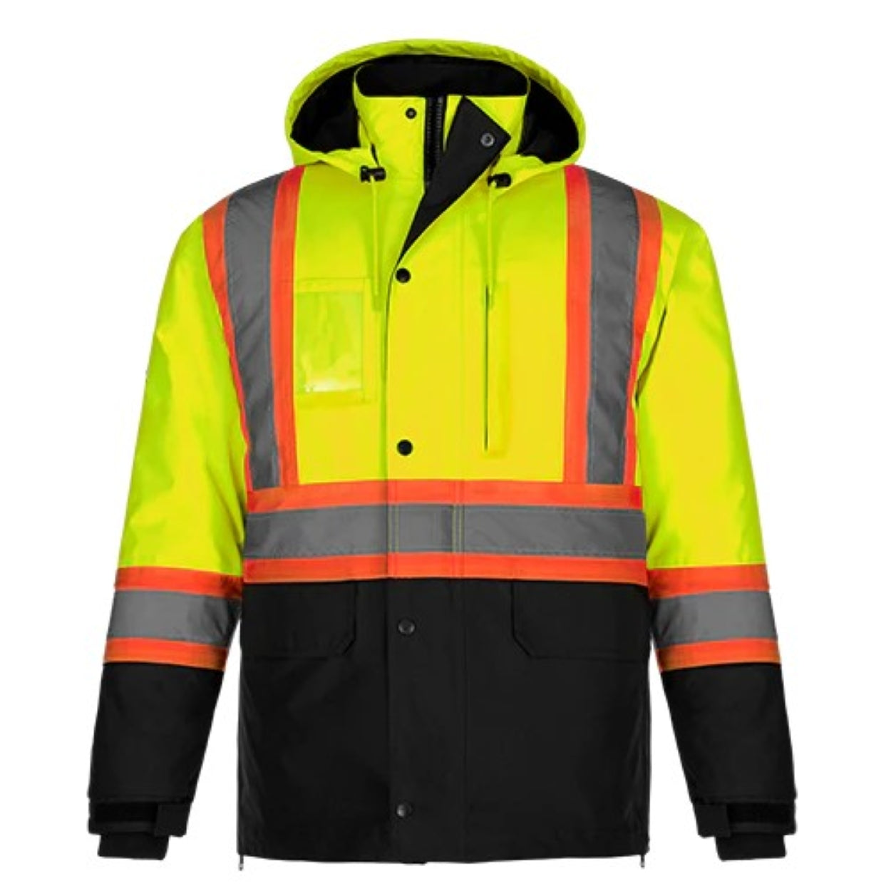 Hi-vis yellow hybrid coat on a white background