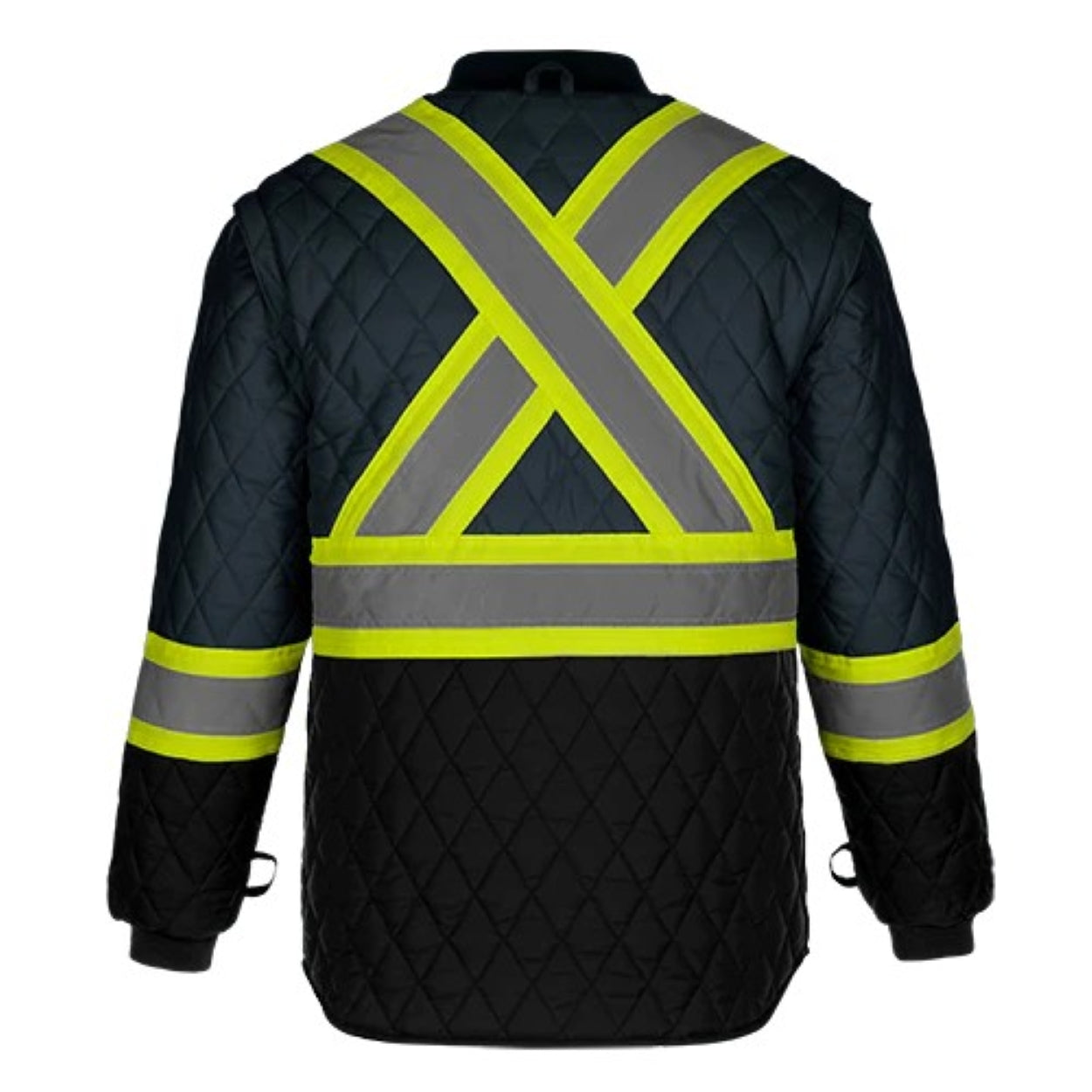 Hi-vis navy hybrid coat on a white background