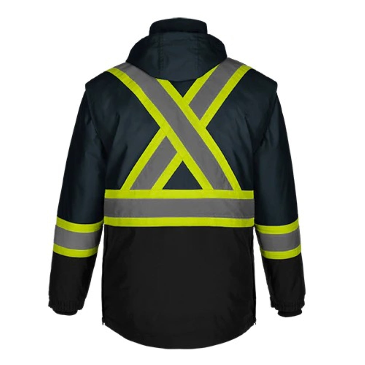 Hi-vis navy hybrid coat on a white background