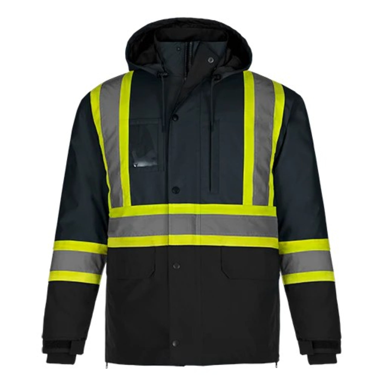 Hi-vis navy hybrid coat on a white background