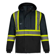 Hi-vis navy hybrid coat on a white background