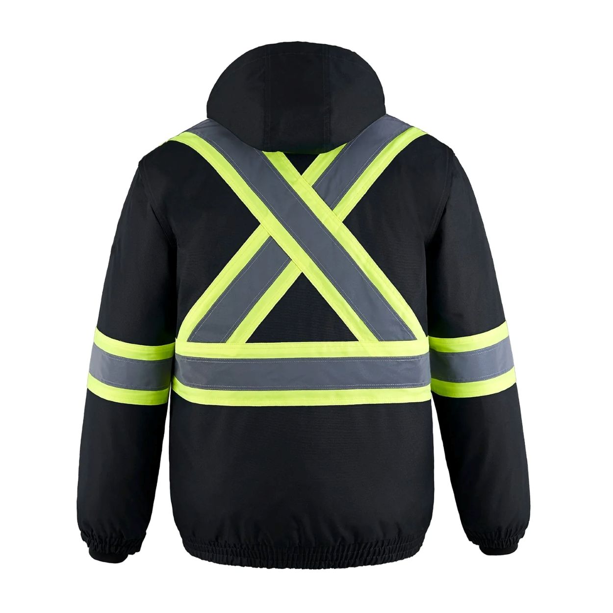 Hi-vis black hybrid coat on a white background