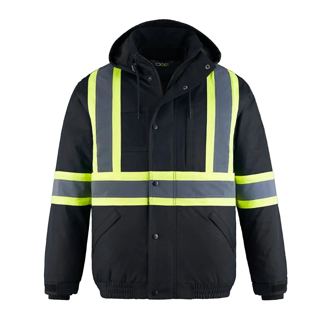 Hi-vis black hybrid coat on a white background